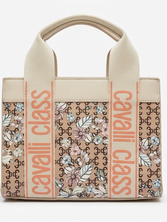 Cavalli Class Handbags - Cavalli Class Serafina Top Handle Tote Floral Logo Beige Orange Handbag